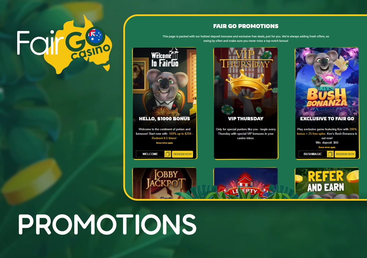 Welcome bonuses, promotions, and exclusive offers available at FairGo Casino.